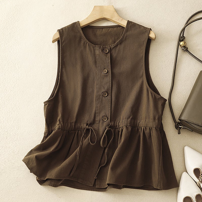 Women's Cotton Vest Top with Ruffle and Tie - Image 1