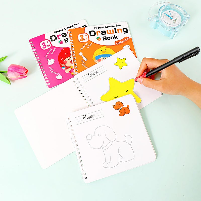 VGRASSP 4 Pcs Educational Magic Drawing Tracing Book Toy for Kids - Reusable Art & Crafts Practice Workbook with Pen and 5 Refills - Grooved Doodle Book - Color and Design As Per Stock - Image 5