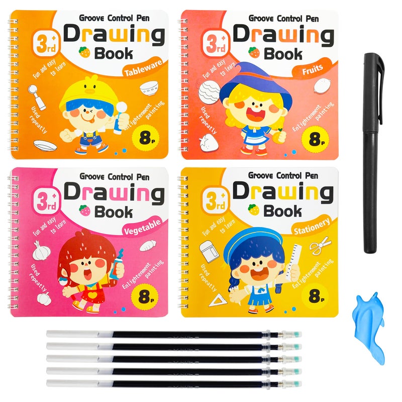 VGRASSP 4 Pcs Educational Magic Drawing Tracing Book Toy for Kids - Reusable Art & Crafts Practice Workbook with Pen and 5 Refills - Grooved Doodle Book - Color and Design As Per Stock - Image 1