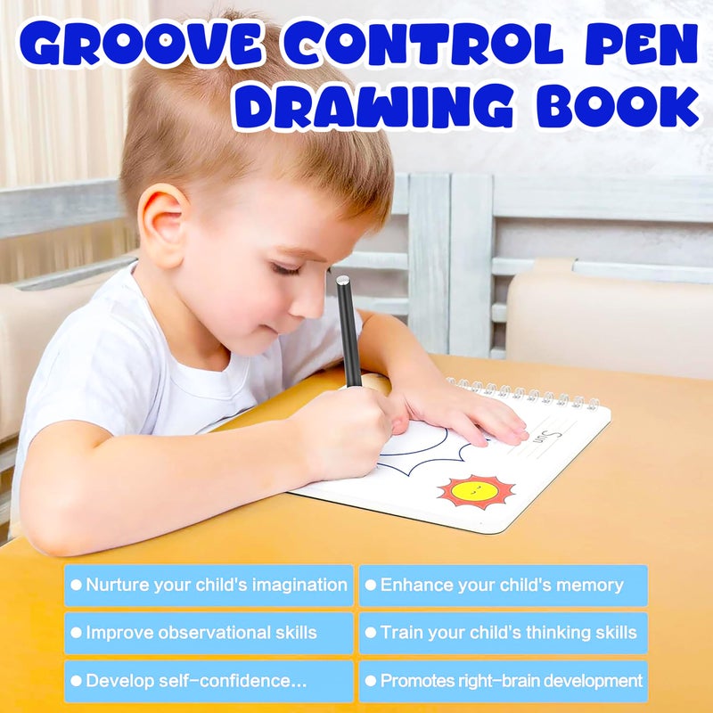 VGRASSP 4 Pcs Educational Magic Drawing Tracing Book Toy for Kids - Reusable Art & Crafts Practice Workbook with Pen and 5 Refills - Grooved Doodle Book - Color and Design As Per Stock - Image 2