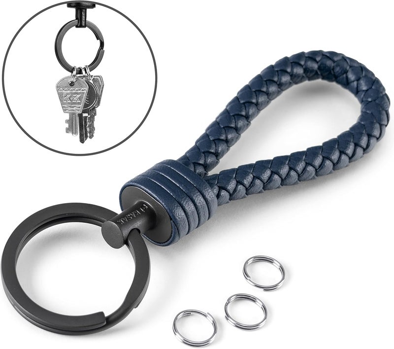SERASAR Leather Keychain with Stainless Steel Ring - Blue - Image 3