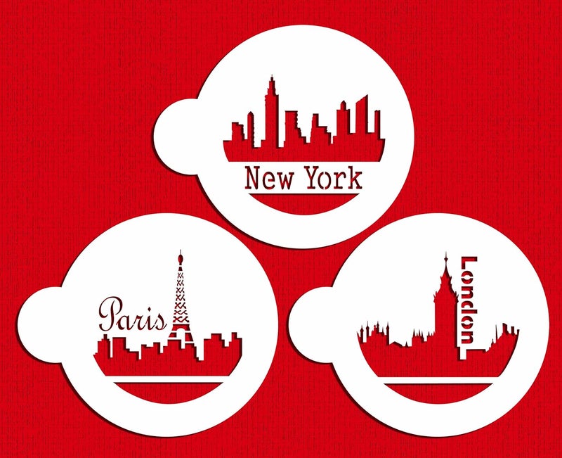 Designer Stencils C716 Paris London and New York Skylines Cookie Stencils BeigeSemiTransparent - Image 1