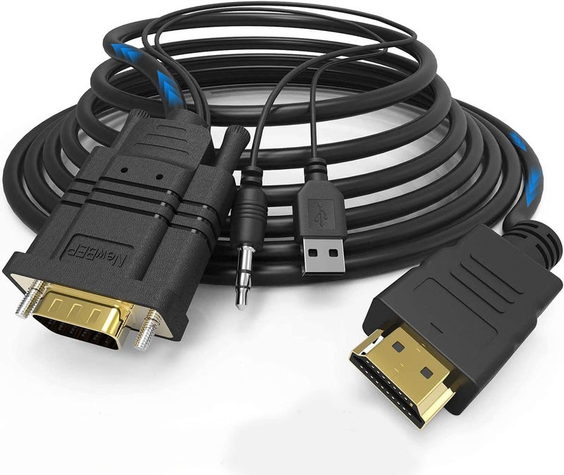 NewBEP VGA to HDMI Adapter Cable, 6Ft/1.8m VGA to HDMI 1080P HD Audio TV AV HDTV Video Converter Cord with 3.5mm Audio Cable & USB Power Cable for PC Computer Desktop Laptop Projector - Image 1