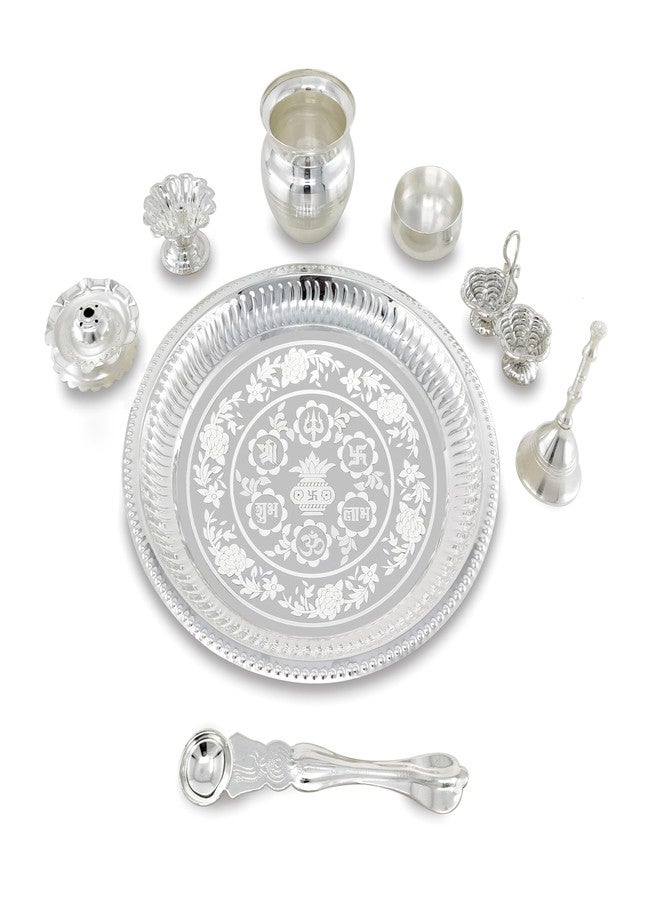 NOBILITY Pooja Thali Set Silver Plated with Blue Gift Box Puja Plate Devdas Diya Kalash Bowl Palli Haldi Kumkum Stand Dhup Dan Ghanti for Home Office Diwali Wedding Return Gifts - Image 3