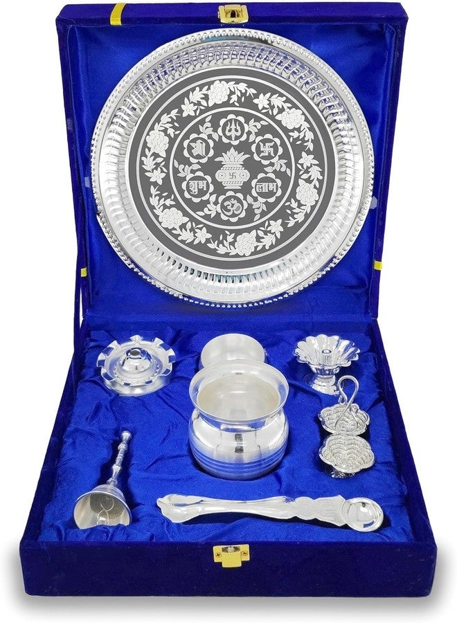 NOBILITY Pooja Thali Set Silver Plated with Blue Gift Box Puja Plate Devdas Diya Kalash Bowl Palli Haldi Kumkum Stand Dhup Dan Ghanti for Home Office Diwali Wedding Return Gifts - Image 1
