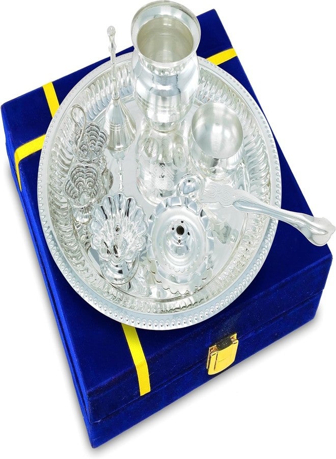 NOBILITY Pooja Thali Set Silver Plated with Blue Gift Box Puja Plate Devdas Diya Kalash Bowl Palli Haldi Kumkum Stand Dhup Dan Ghanti for Home Office Diwali Wedding Return Gifts - Image 5
