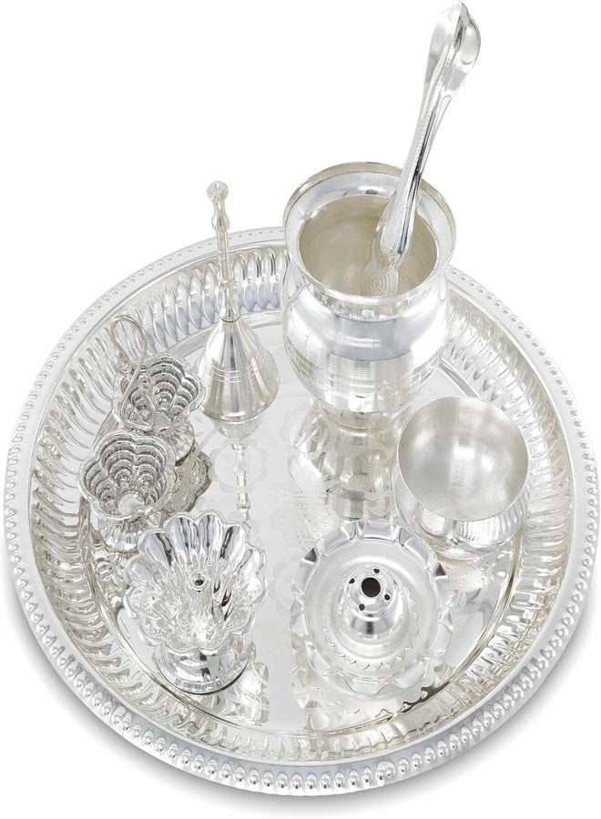 NOBILITY Pooja Thali Set Silver Plated with Blue Gift Box Puja Plate Devdas Diya Kalash Bowl Palli Haldi Kumkum Stand Dhup Dan Ghanti for Home Office Diwali Wedding Return Gifts - Image 4