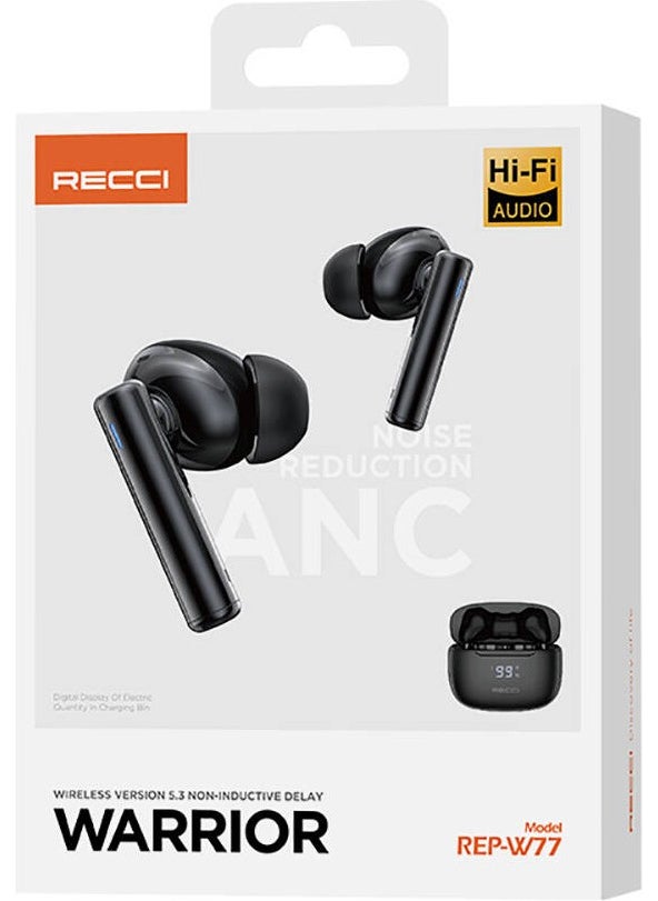 Recci - Bluetooth Headset with Digital Charging Indicator REP-W77 Warrior Anc Featured Tws V5.3 Black - Image 1