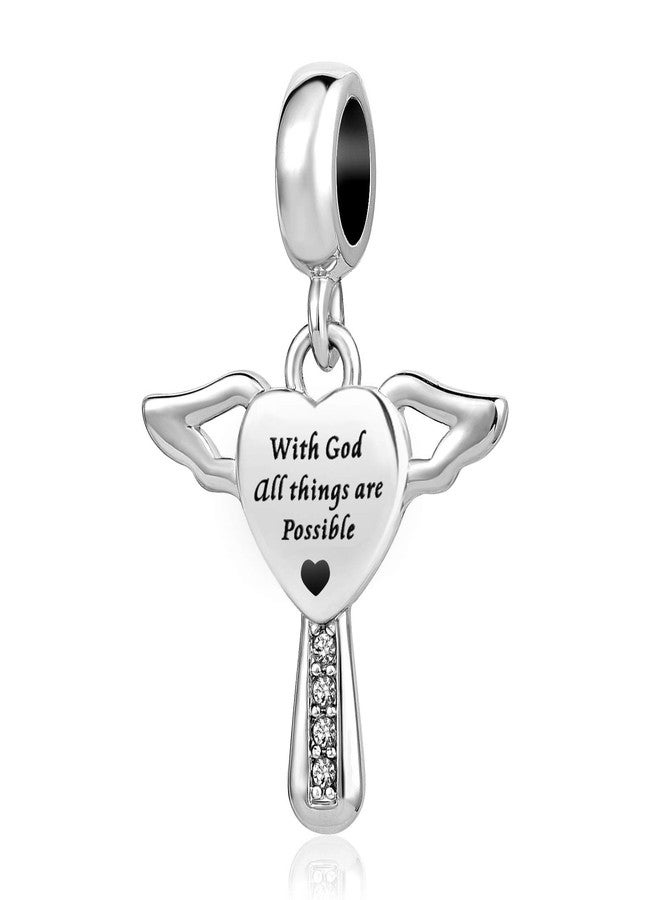 MiiFort Angel Wing Heart Cross Charm fits Pandora Moments Bracelets Women Bible Verse All Things are Possible