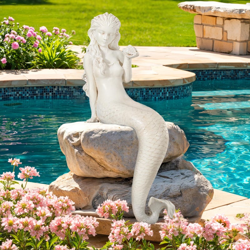 Ultym Mermaid Statue Outdoor, Large 25.6 Inch Garden Sculpture Figurines for Lawn and Patio Decor, Durable MGO Stone Yard Art with Weatherproof Finish for Indoor Decor Christmas Gift Antique White - Image 1