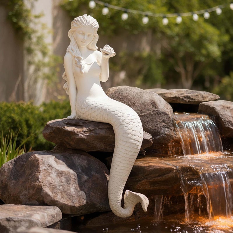 Ultym Mermaid Statue Outdoor, Large 25.6 Inch Garden Sculpture Figurines for Lawn and Patio Decor, Durable MGO Stone Yard Art with Weatherproof Finish for Indoor Decor Christmas Gift Antique White - Image 2
