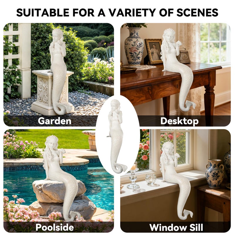 Ultym Mermaid Statue Outdoor, Large 25.6 Inch Garden Sculpture Figurines for Lawn and Patio Decor, Durable MGO Stone Yard Art with Weatherproof Finish for Indoor Decor Christmas Gift Antique White - Image 4