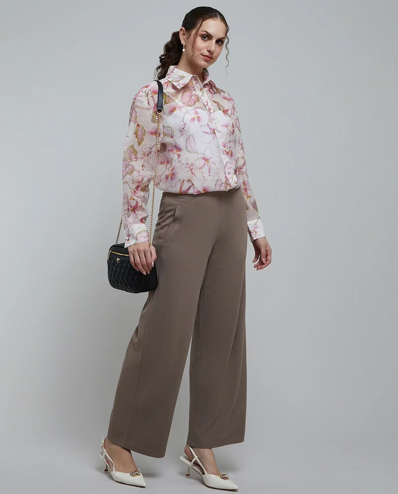 أر أند بي Textured Wide Leg Pants with Elastic Waist