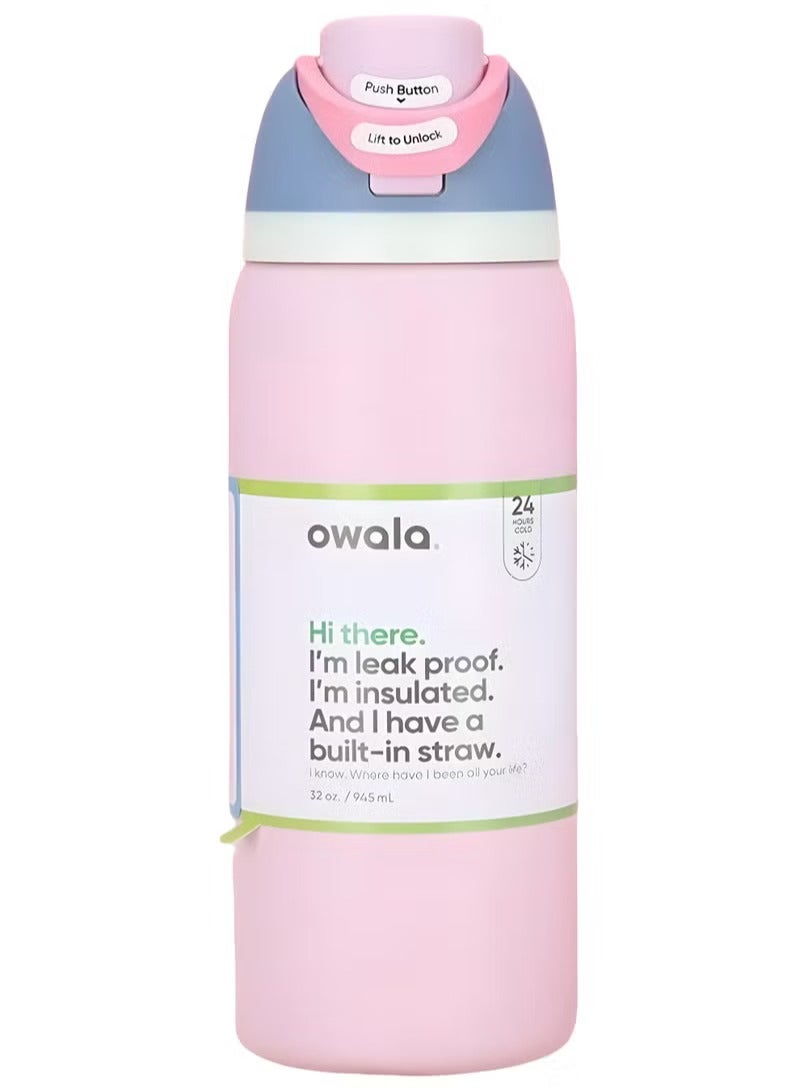 Owala FreeSip Insulated Stainless Steel Water Bottle with Straw, Leak Proof, BPA-Free, 945ml, Iced Breeze, 1-Pack, (Macaron Strawberry)