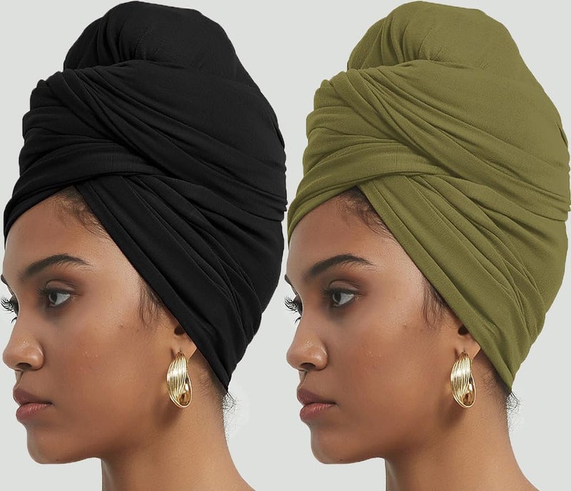 corciova Black Olive 2 Pcs Long Soft Head Wrap Turban Headband for Black Women Two Way Stretch Fashion African Head Covering Jersey Hijab Scarf - Image 3