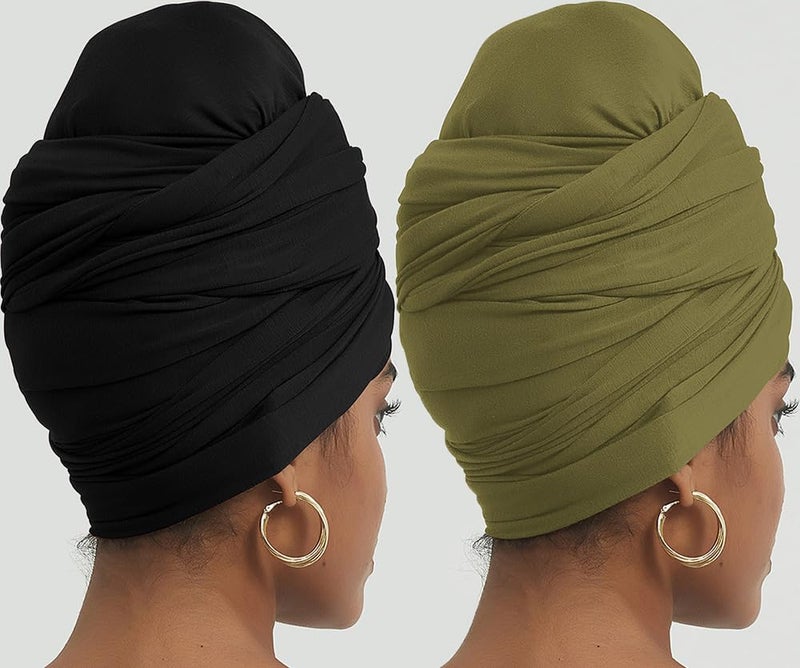 corciova Black Olive 2 Pcs Long Soft Head Wrap Turban Headband for Black Women Two Way Stretch Fashion African Head Covering Jersey Hijab Scarf - Image 5