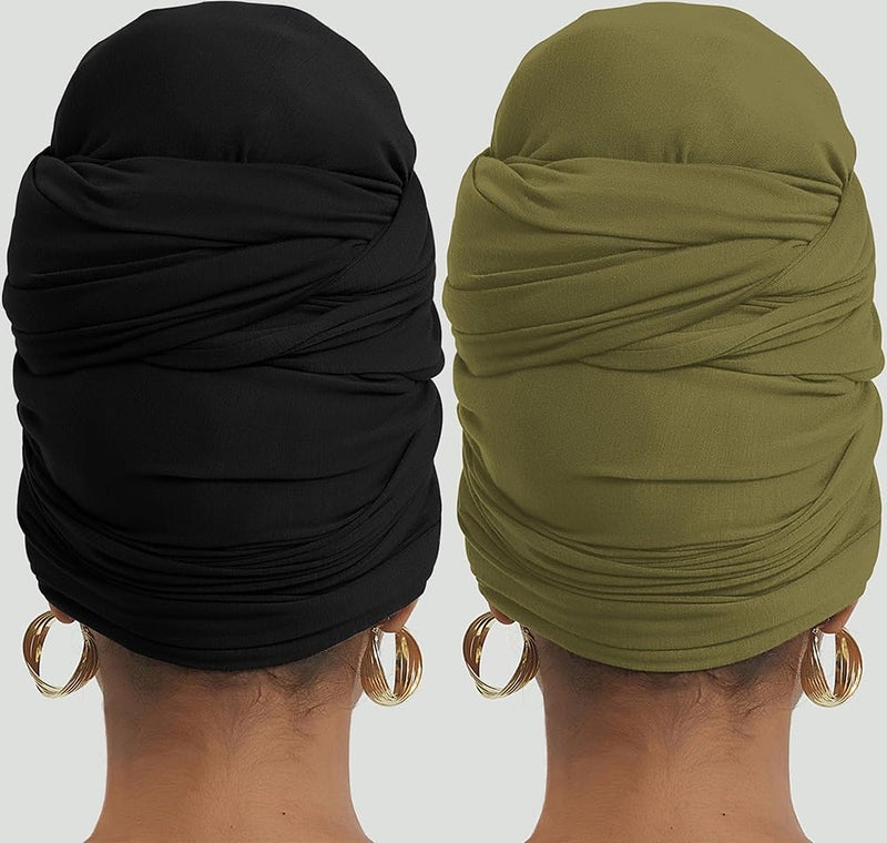 corciova Black Olive 2 Pcs Long Soft Head Wrap Turban Headband for Black Women Two Way Stretch Fashion African Head Covering Jersey Hijab Scarf - Image 4