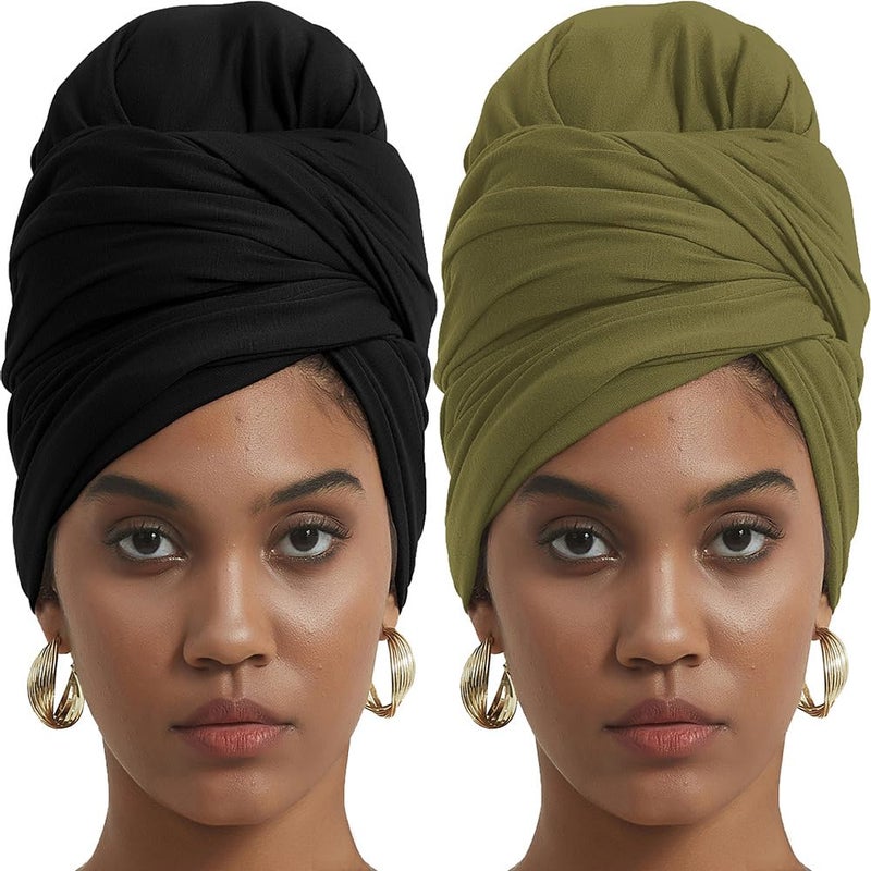 corciova Black Olive 2 Pcs Long Soft Head Wrap Turban Headband for Black Women Two Way Stretch Fashion African Head Covering Jersey Hijab Scarf - Image 1