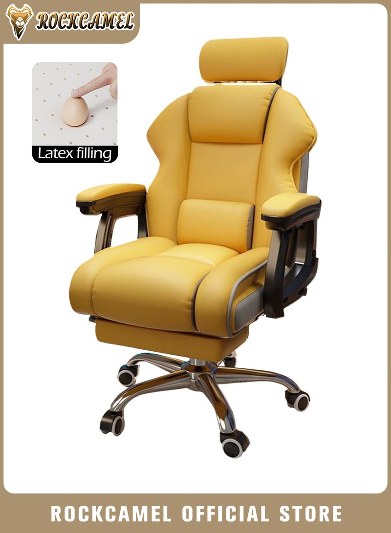 ROCKCAMEL كرسي ألعاب / كرسي كمبيوتر / كرسي مكتب مع مسند قدم قابل للسحب، بطانة لاتكس عالية الارتداد، جلد بولي يوريثين، تصميم مريح مع دعم قطني ورقبة، تعديل الارتفاع ومسند الظهر، قاعدة عجلات فولاذية صامتة، مناسب للمنزل أو المكتب - Image 1