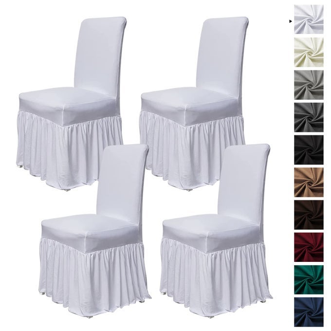 Chair Covers for Dining Room Set of 4 Stretch Chair Slipcovers with Skirt for Kitchen Seat Protectors Wedding Banquet Decor Kids Pets Spandex Fabric Washable 4pcs White