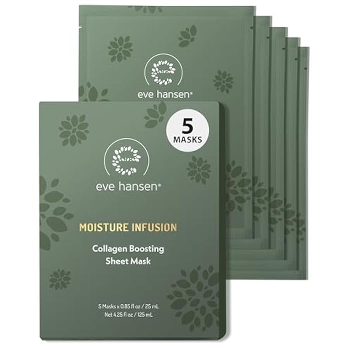 Eve Hansen Collagen Face Mask Sheets Set of 5 – Hydrating & Nourishing Care for All Skin Types – With Hyaluronic Acid, Tangerine Peel, Blueberry Extract & Spinach Leaf - Image 1