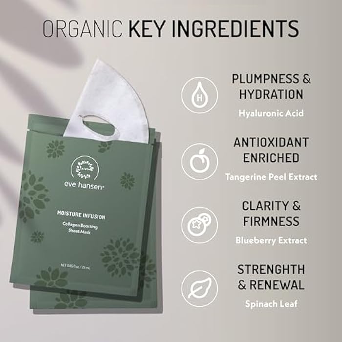 Eve Hansen Collagen Face Mask Sheets Set of 5 – Hydrating & Nourishing Care for All Skin Types – With Hyaluronic Acid, Tangerine Peel, Blueberry Extract & Spinach Leaf - Image 3