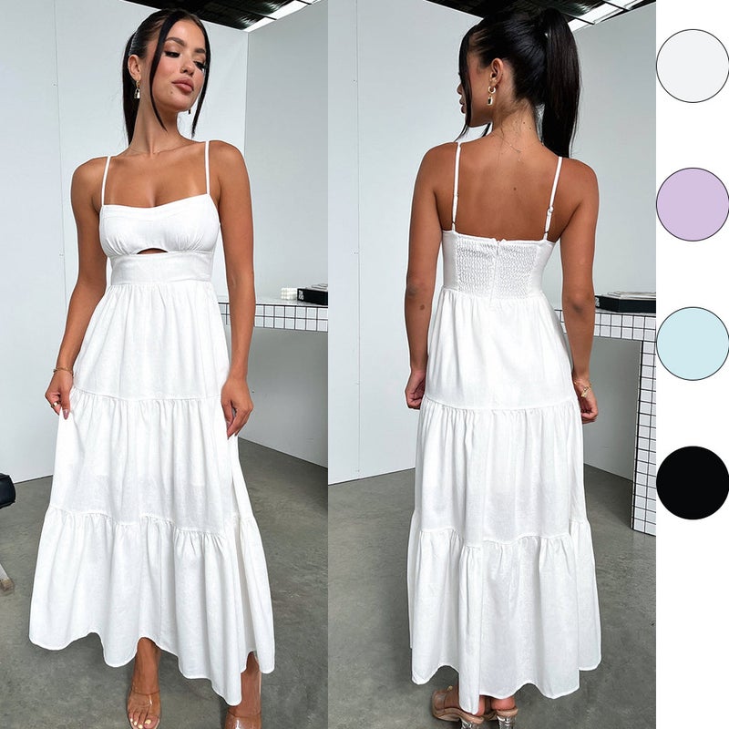 Elegant Spaghetti Strap Dress Waist Slimming Maxi White - Image 2