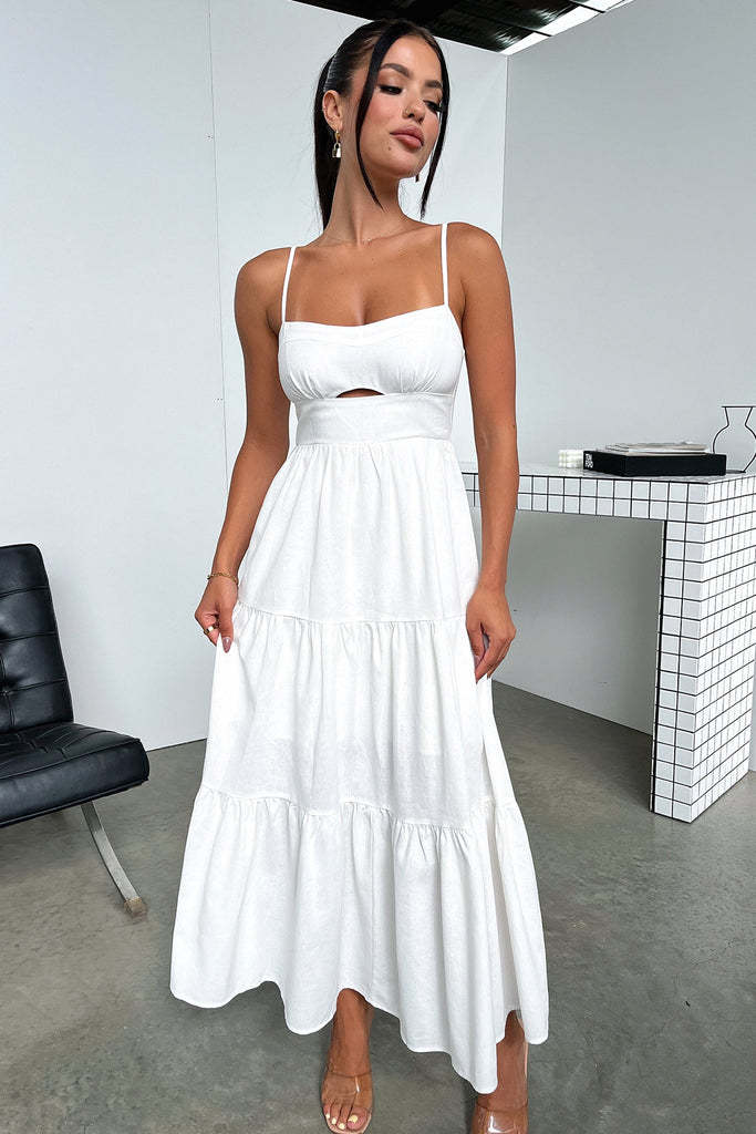 Elegant Spaghetti Strap Dress Waist Slimming Maxi White - Image 1
