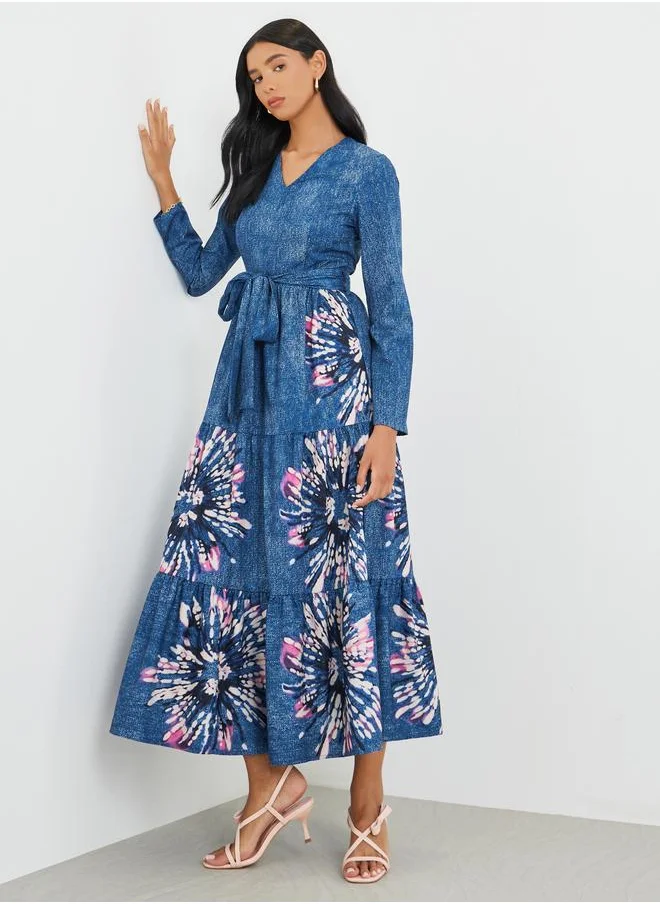 Take Two Take Two Floral Print Long Sleeve V-Neck Belted Midi Dress
