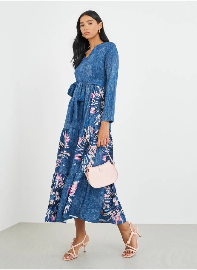 Take Two Take Two Floral Print Long Sleeve V-Neck Belted Midi Dress