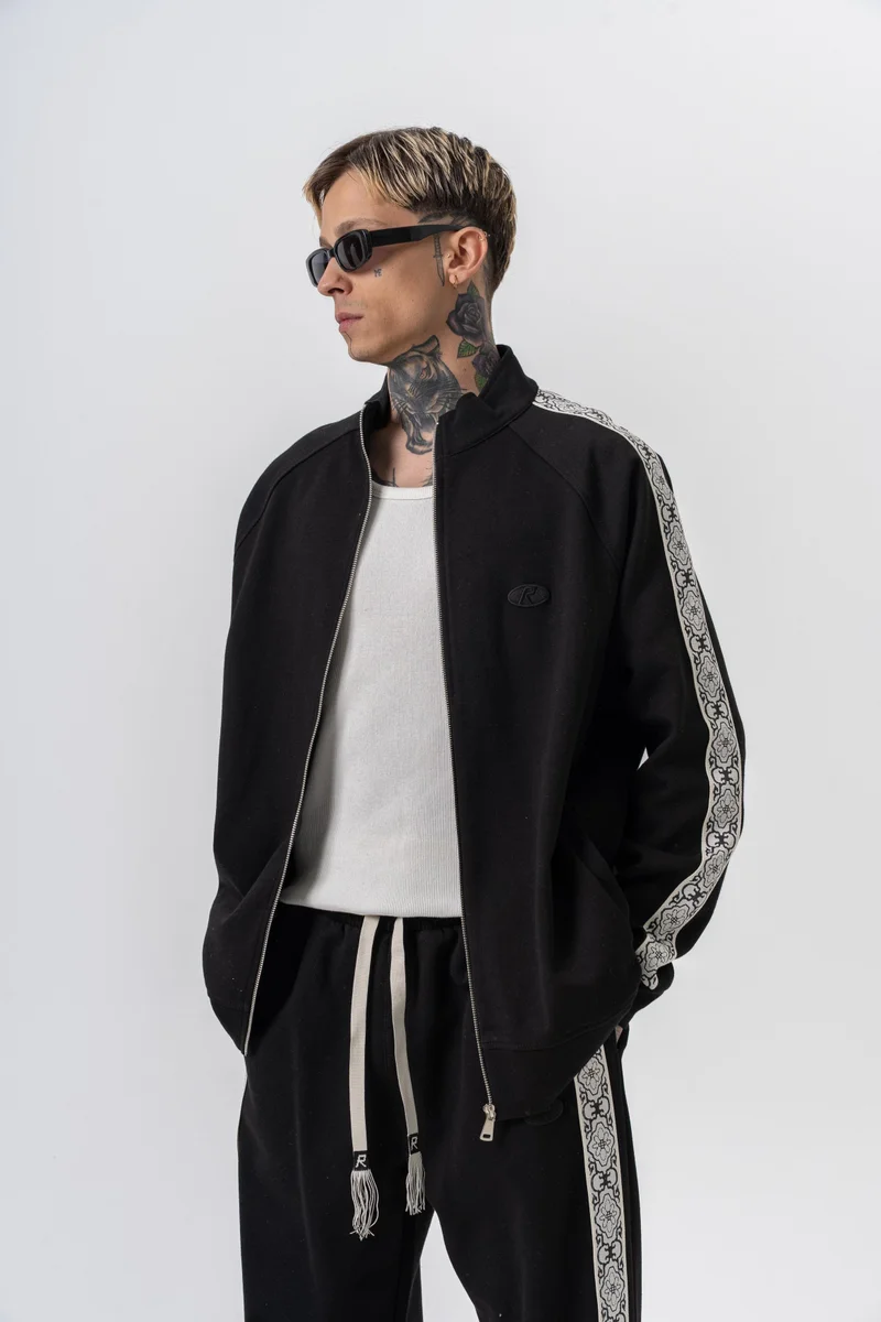 ريسباير سويت شيرت رجالي كبير الحجم بياقة واقفة مزدوج الوجه وسحاب مخطط دمشقي أسود