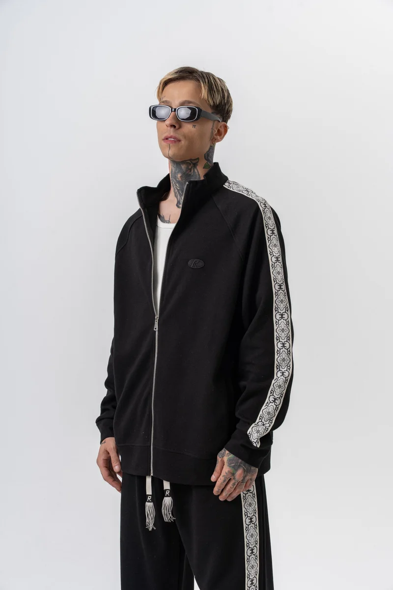 ريسباير سويت شيرت رجالي كبير الحجم بياقة واقفة مزدوج الوجه وسحاب مخطط دمشقي أسود