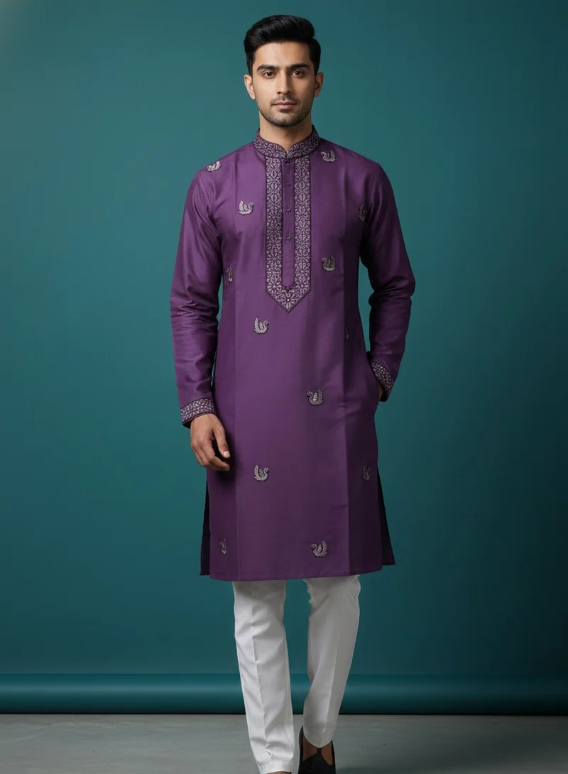Lehar Purple Silk Kurta Set with Swan Motif Embroidery