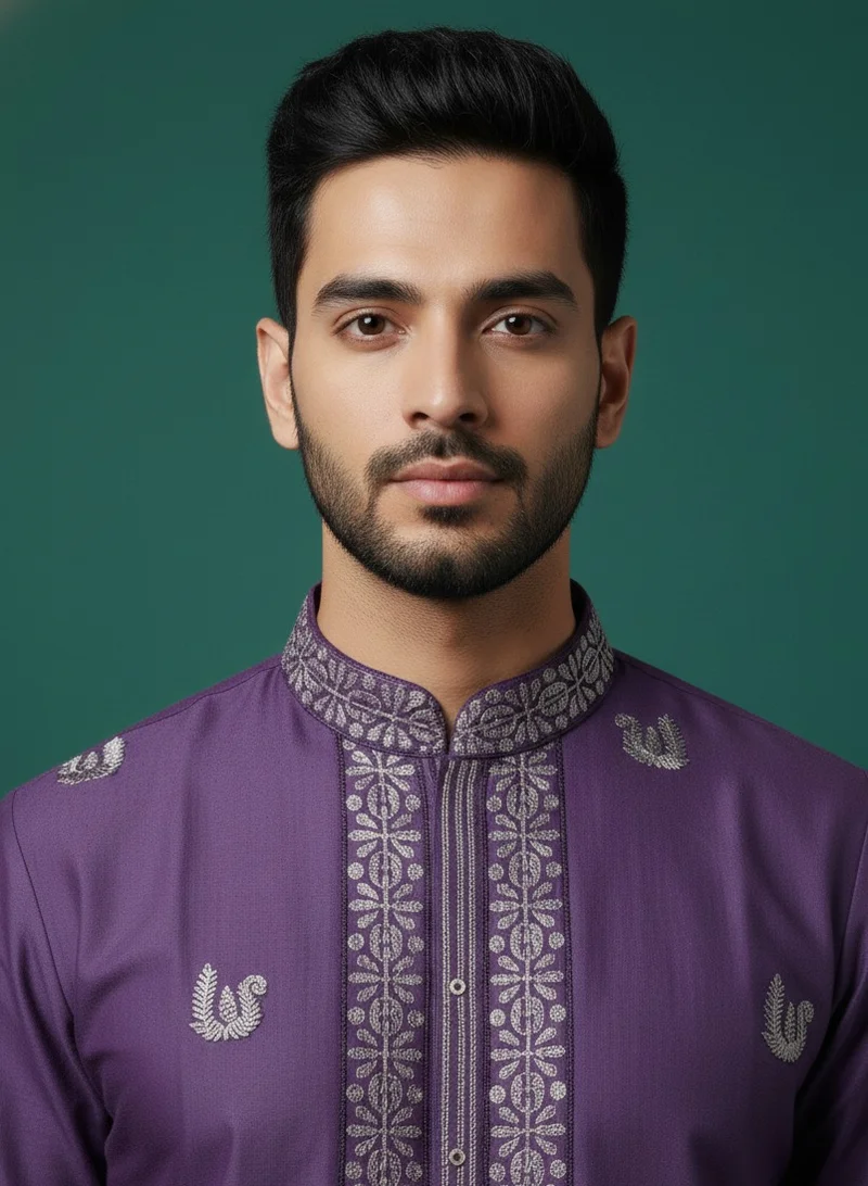 Lehar Purple Silk Kurta Set with Swan Motif Embroidery