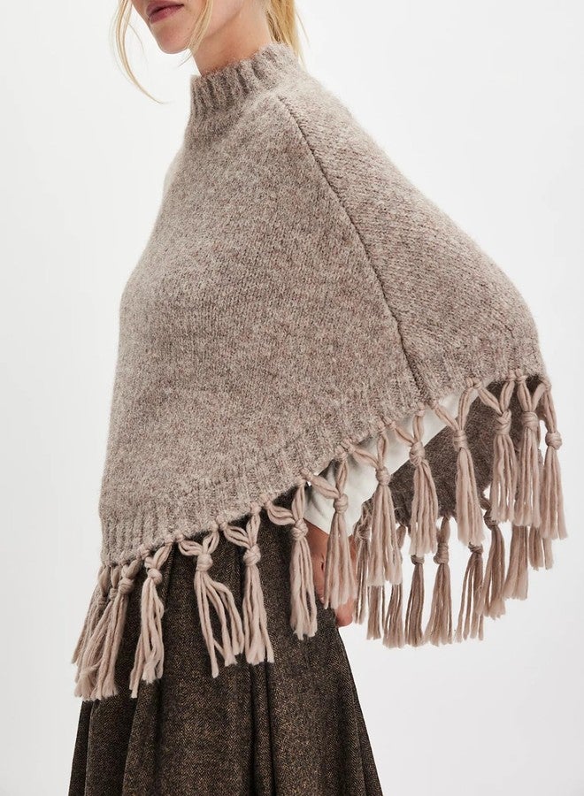 Argeousgor Women Tassel Poncho Sweater Y2K Knitted Pullover Poncho Shawl Lightweight Fringe Wrap Cardigan Knitwear Cape, V-fashion Khaki, One size - Image 2