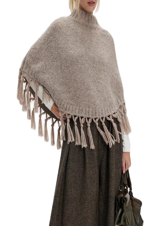 Argeousgor Women Tassel Poncho Sweater Y2K Knitted Pullover Poncho Shawl Lightweight Fringe Wrap Cardigan Knitwear Cape, V-fashion Khaki, One size - Image 1
