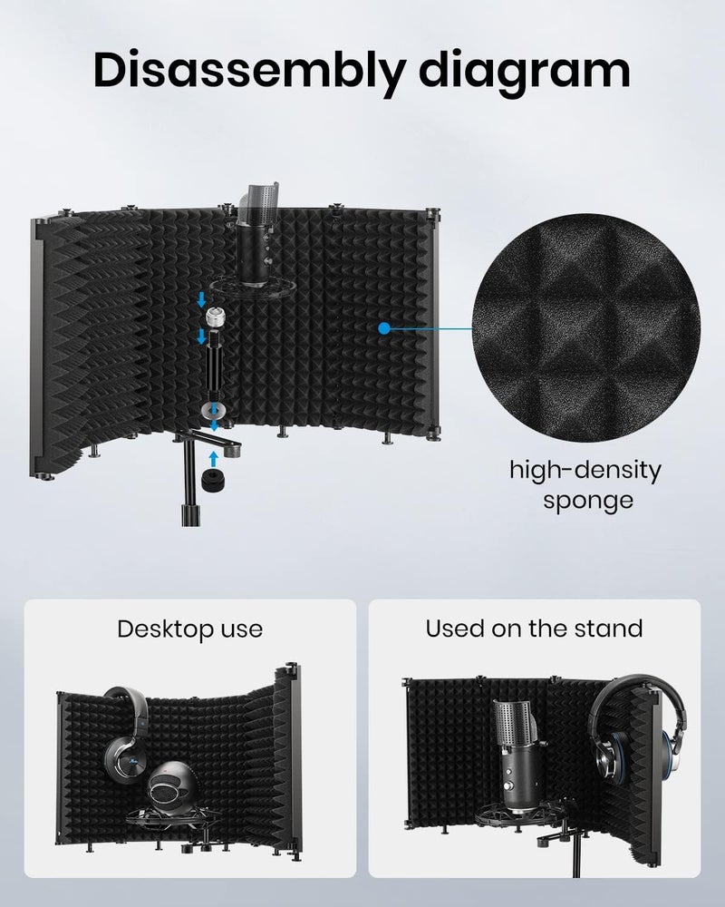 Moukey Microphone Insulation Sound Insulation Sound Shield Isolation, 5 Sides Microphone Sound-Absorbing Foam Reflector for Recording Studio, Podcasts, Vocals and Broadcasting - Image 5