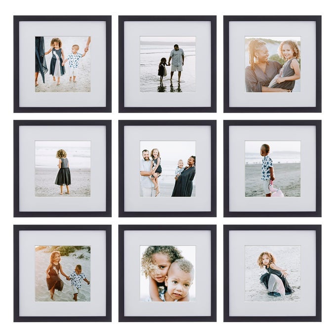 9 PIECE GALLERY WALL FRAME SET 12X12 IN MATTED TO 8X8 IN MATTE BLACK