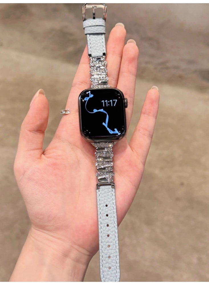 Irregular Diamond Studded Lychee Patterned Leather Watch Strap Blue Belt, Silver Buckle, Strap Only Suitable For 44mm (4th to 6th Generation/SE) - Image 2