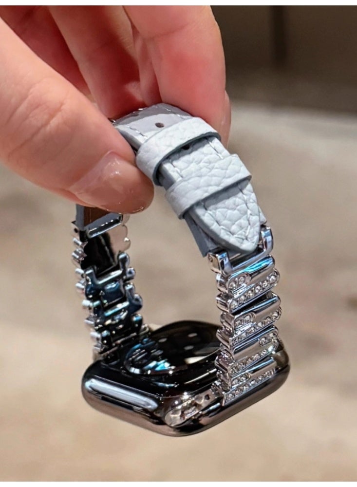 Irregular Diamond Studded Lychee Patterned Leather Watch Strap Blue Belt, Silver Buckle, Strap Only Suitable For 44mm (4th to 6th Generation/SE) - Image 1