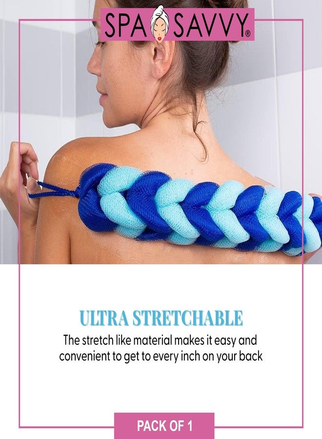 Spa Savvy Bath Loofah Body Scrubber with Rope Handles, Long Stretch Shower Back Sponge, Back Scrubber Mesh Exfoliating Braided Body Scrub for Men and Women, Blue - Image 4