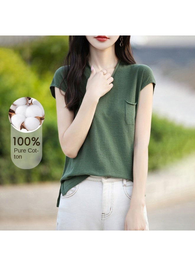 XINYANG Cotton V-neck Knitted Short Sleeve T-shirt For Women - 2025 Summer Fashion Pocket Versatile Top - Image 2
