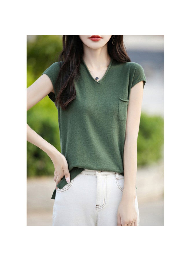 XINYANG Cotton V-neck Knitted Short Sleeve T-shirt For Women - 2025 Summer Fashion Pocket Versatile Top - Image 4