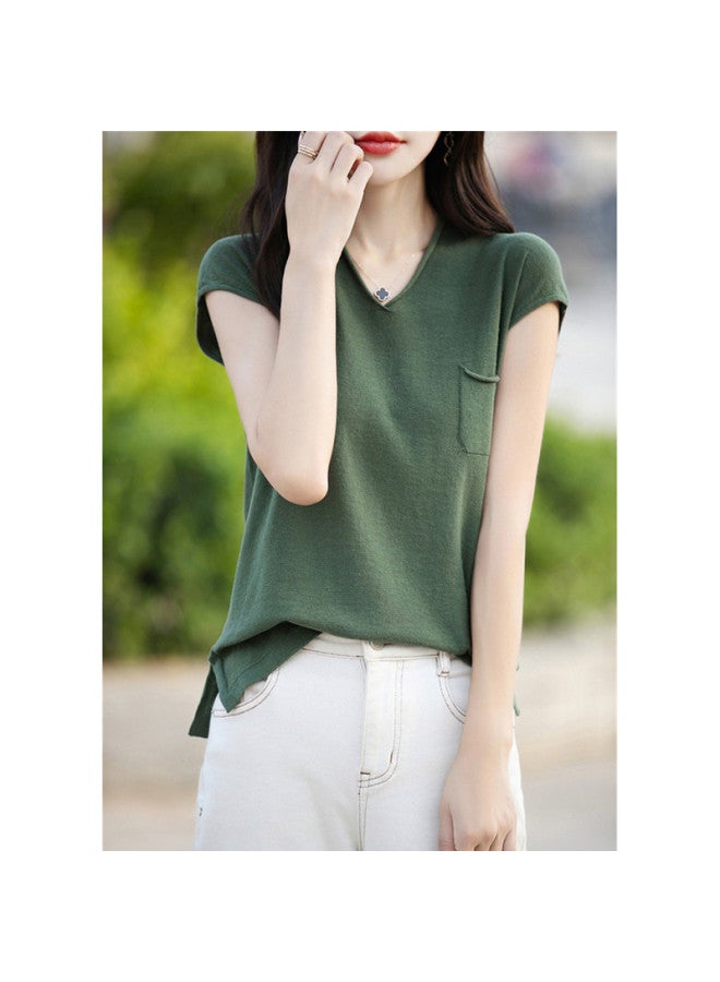 XINYANG Cotton V-neck Knitted Short Sleeve T-shirt For Women - 2025 Summer Fashion Pocket Versatile Top - Image 5