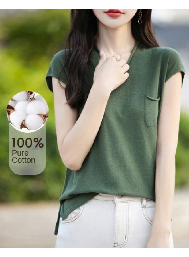 XINYANG Cotton V-neck Knitted Short Sleeve T-shirt For Women - 2025 Summer Fashion Pocket Versatile Top - Image 1
