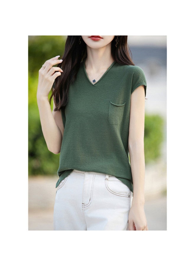 XINYANG Cotton V-neck Knitted Short Sleeve T-shirt For Women - 2025 Summer Fashion Pocket Versatile Top - Image 3