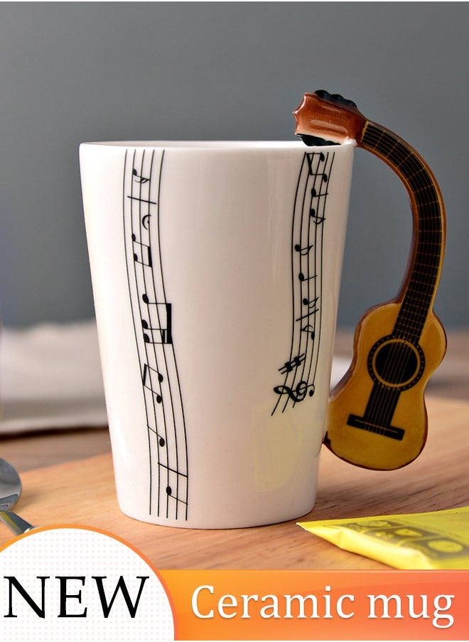 DUNISO Creative Music Cug Music Coffee Mug with Guitar Handle and Musical Notation Ceramic Music Guitar Coffee Mug Music Guitar Gift for Guitar Players or Musicians Teacher 