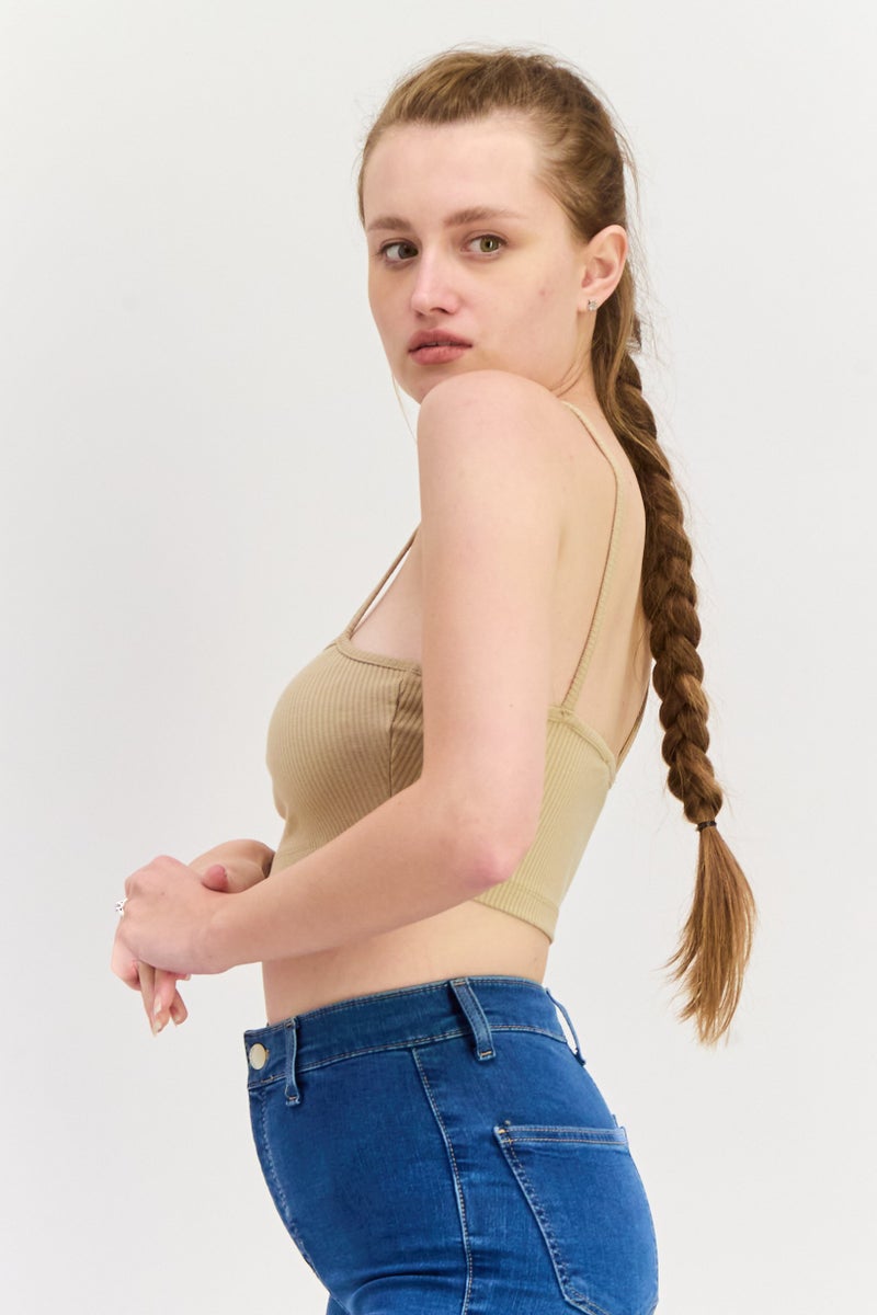 NA-KD Women Asymmetrical Neck Sleeveless Rip Tank Top, Beige - Image 2