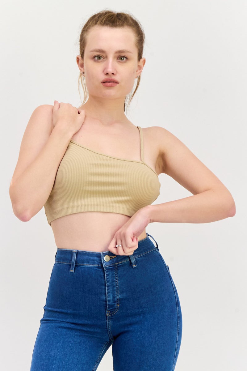 NA-KD Women Asymmetrical Neck Sleeveless Rip Tank Top, Beige - Image 1