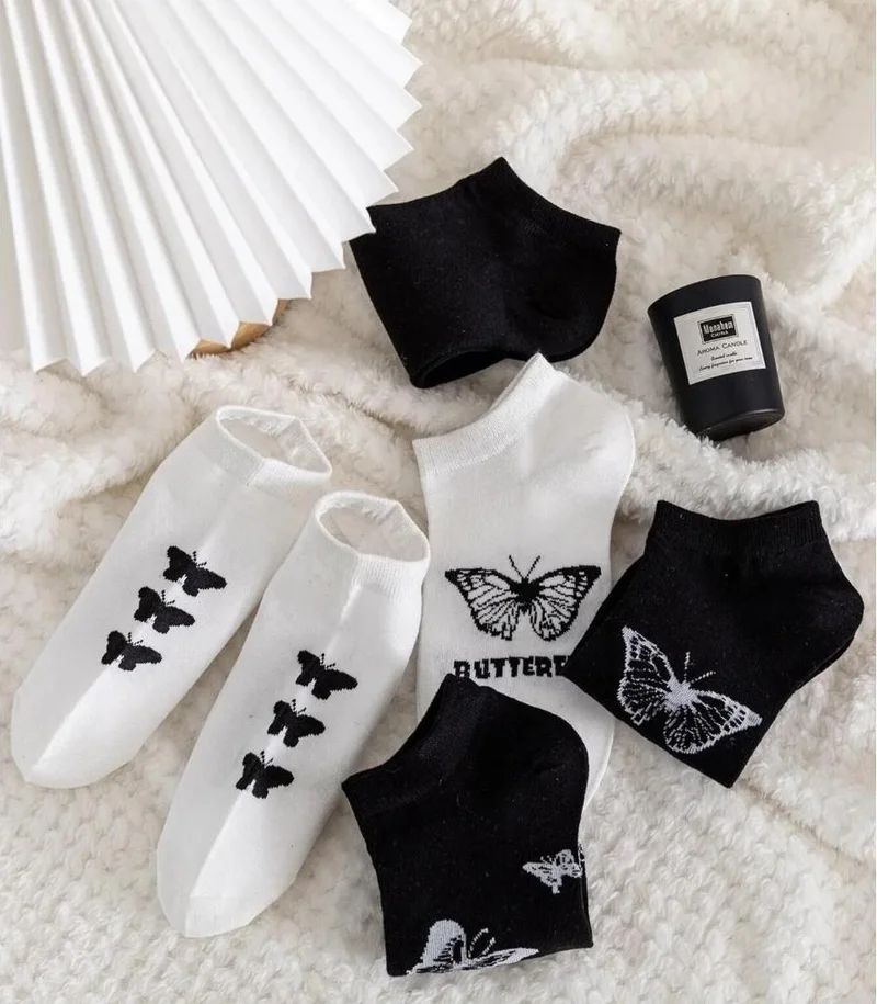 Dzc Kuzenler Avm Dzc Cousins ​​Avm 4 Pair Cute Booties Butterfly Patterned Women/Girls Socks Stitched Ankle Low Cut Teen Socks 36-41